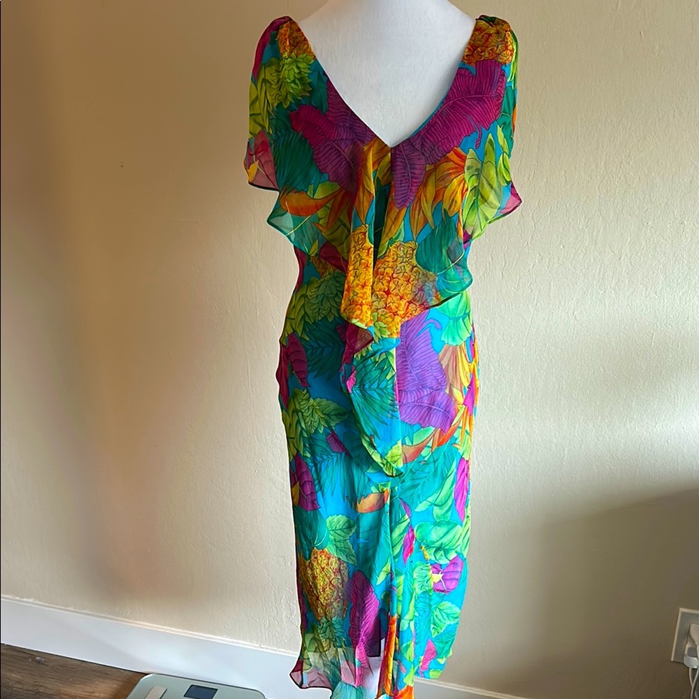 Fiori Di Zucca Designer 100% Silk Tropical Dress, Size 8